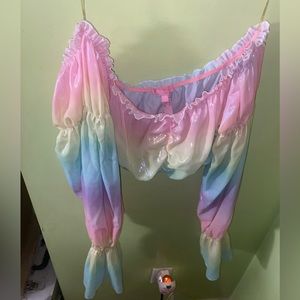 Sugar Thrillz Iridescent Rainbow Flounce Long Sleeve Crop Top